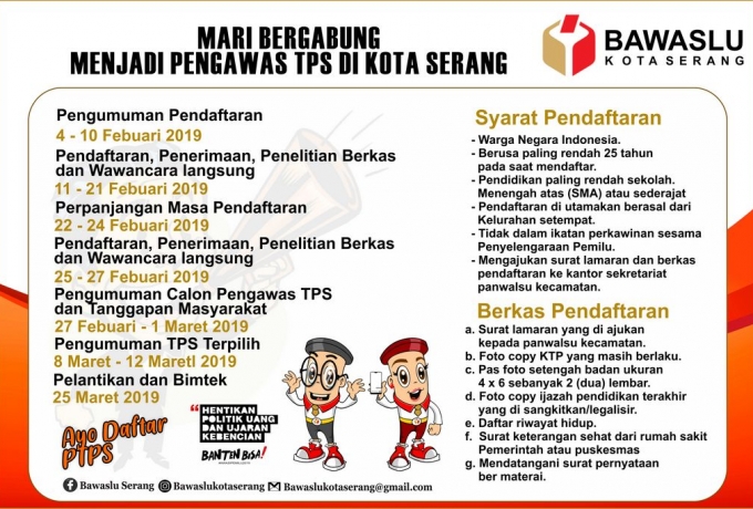 Bawaslu Kota Serang Buka Pengumuman Pendaftaran Pengawas TPS, Berikut Persyaratannya